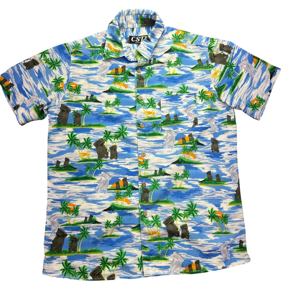 CSTL Coastal Hawaiian Shirt Easter‎ Island Moai Palm Trees Vacation Small